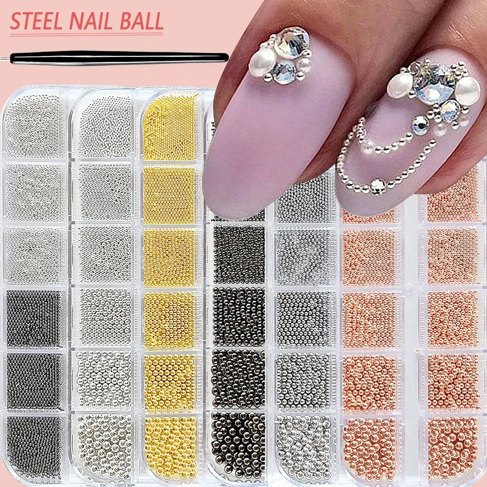 12-Grid Mini Caviar Beads – Gold Silver Micro Ball Nail Art Set