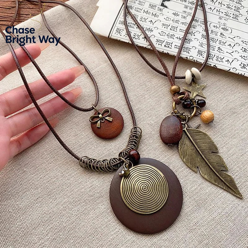 Vintage Boho Metal Feather Necklace – Long Layered Pendant