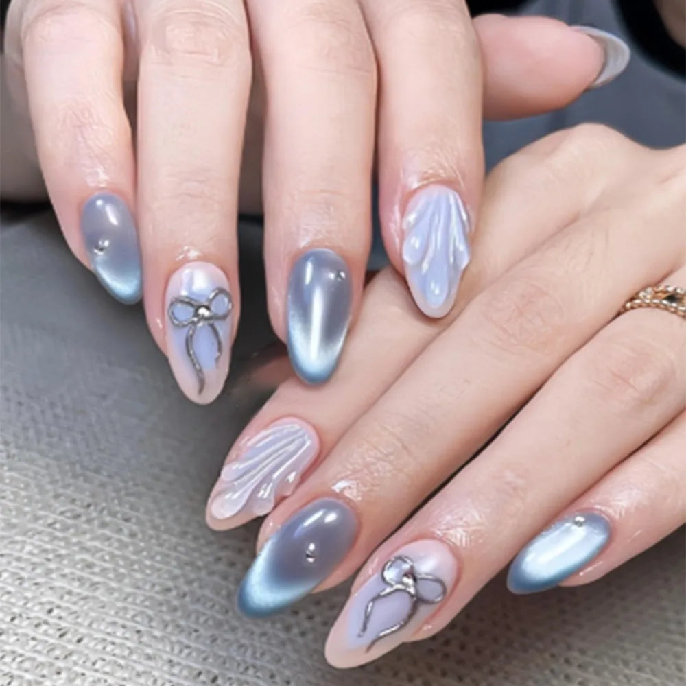 24-Piece Almond Press On Nails – Misty Blue Floral French Style