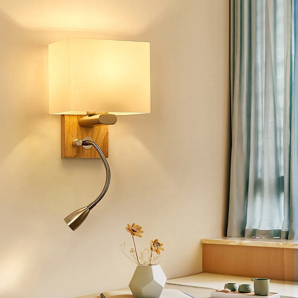 Swing Arm Wall Sconce | E26/E27 LED, Wood Base, Rotary Switch