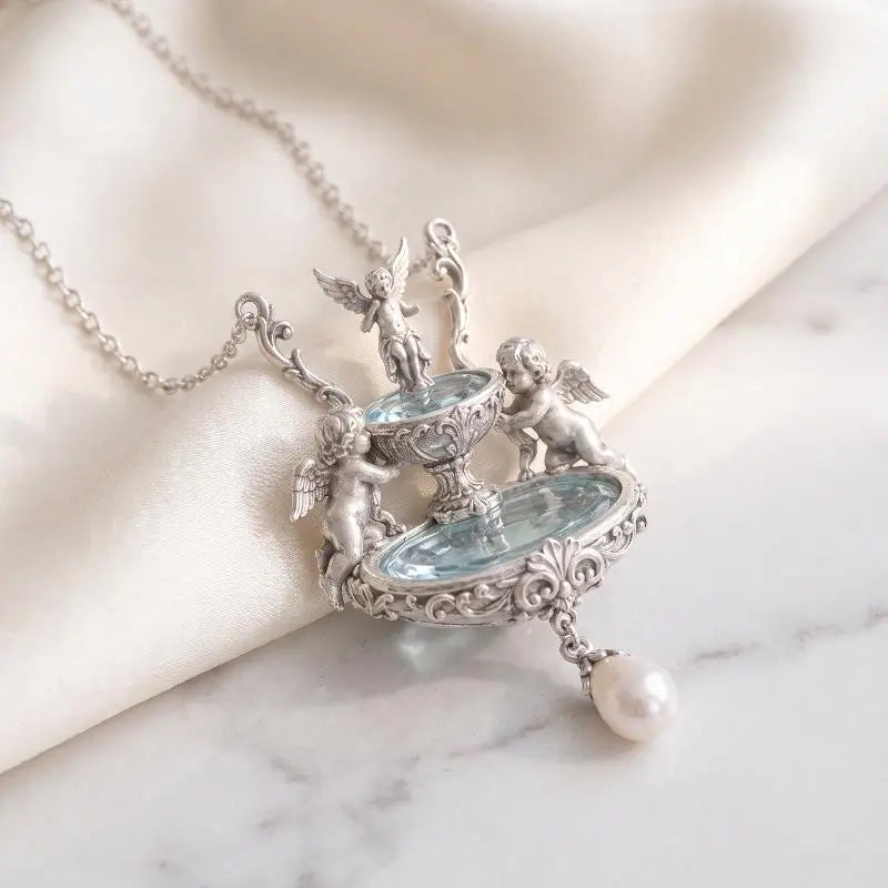 Vintage Angel Pendant Necklace – Baroque Pearl & Enamel Chain