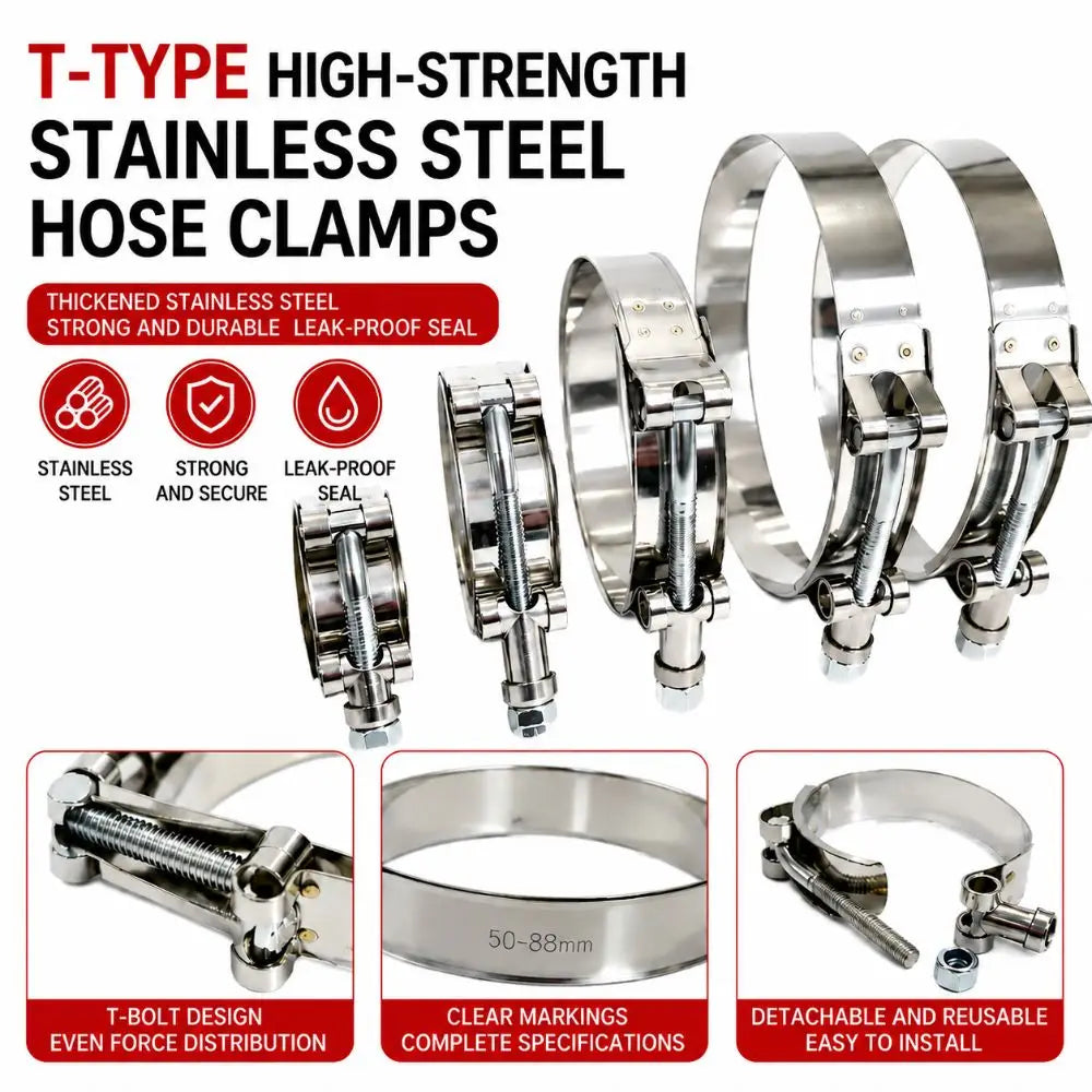 Stainless Steel T-Bolt Hose Clamp 42mm–109mm | Universal Fit
