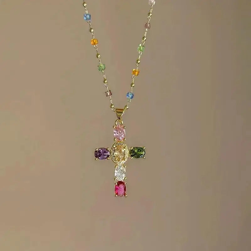 Y2K Colorful Zirconia Cross Pendant Necklace | Crystal Choker