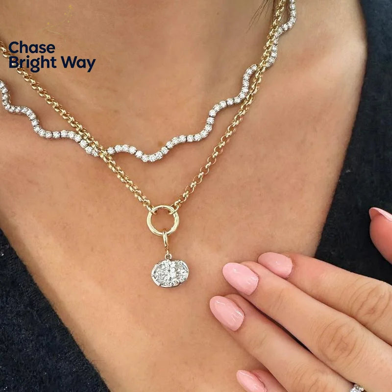 Women's Dainty CZ Pendant Necklace | Mixed Metal Bead Chain