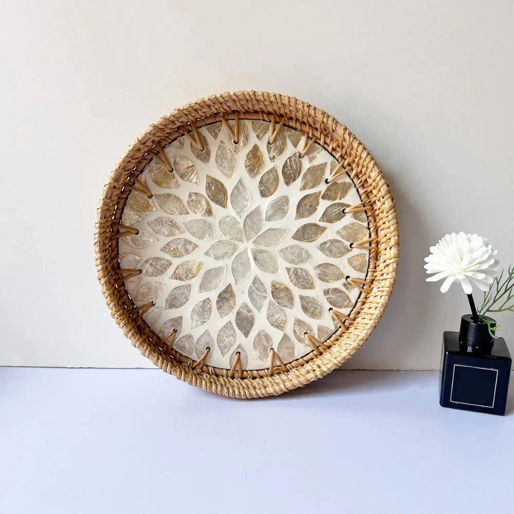 Shell Mosaic Round Woven Rattan Tray | Boho Home Decor
