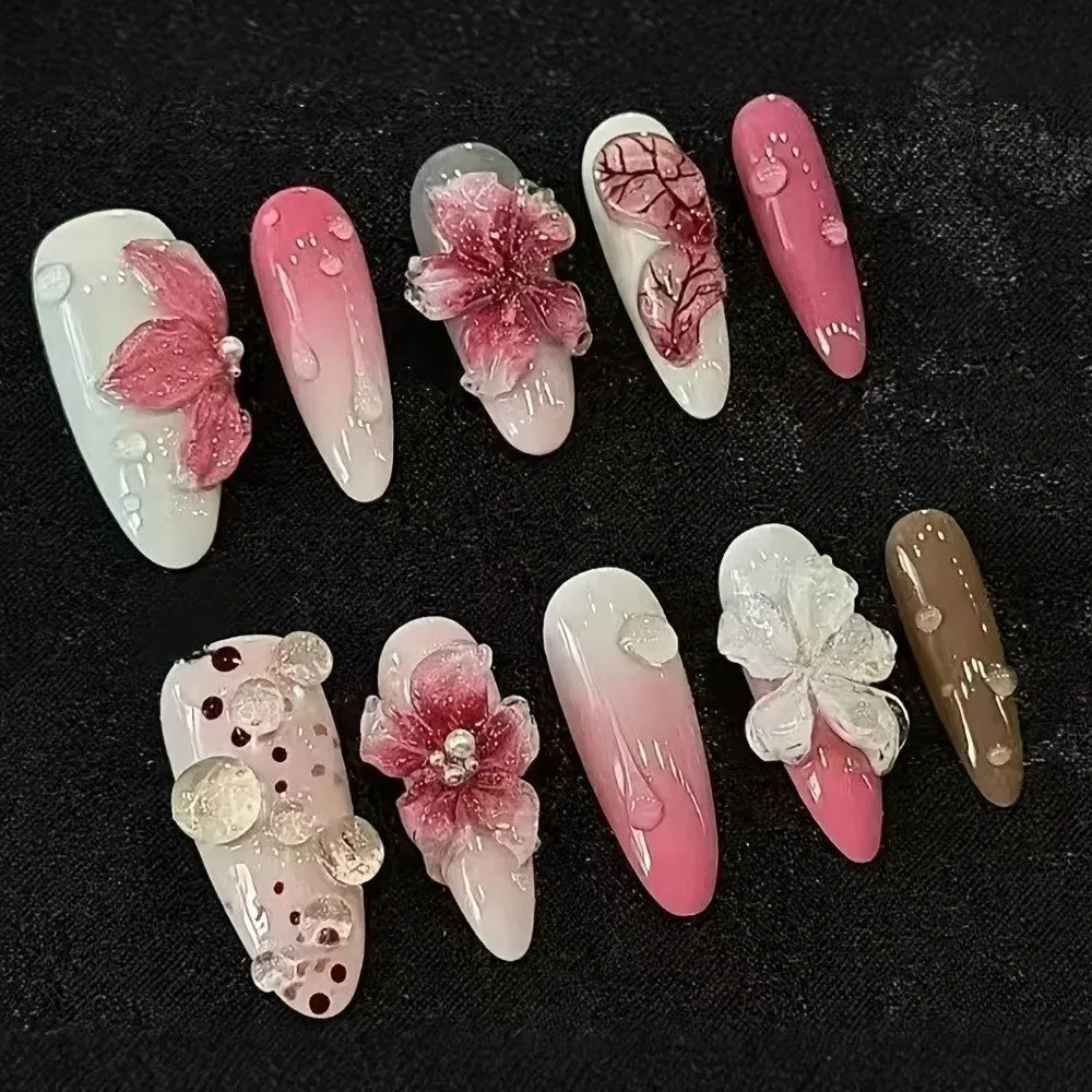 24-Pack French Almond Press On Nails – Pink Flower Full Cover