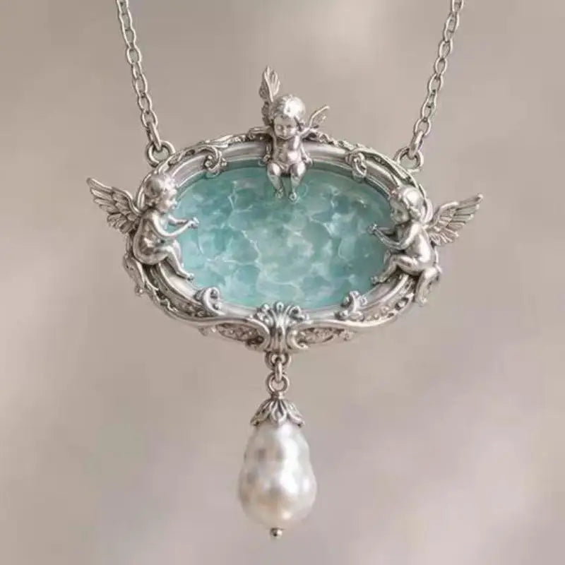Vintage Angel Pendant Necklace – Baroque Pearl & Enamel Chain