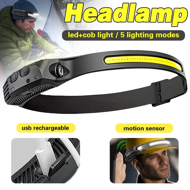 USB Rechargeable COB LED Sensor Headlamp – Camping & Fishing