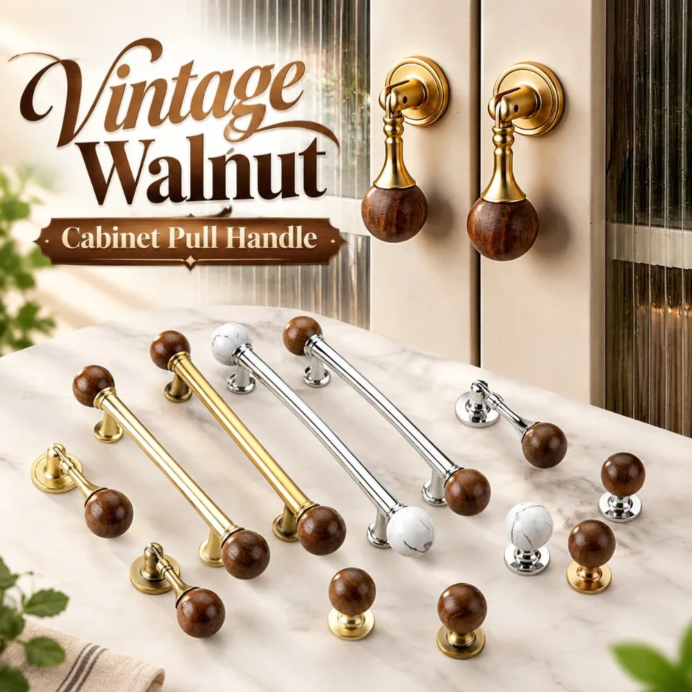 Vintage Walnut Marble Cabinet Pull Handle – Wood Drawer Knob