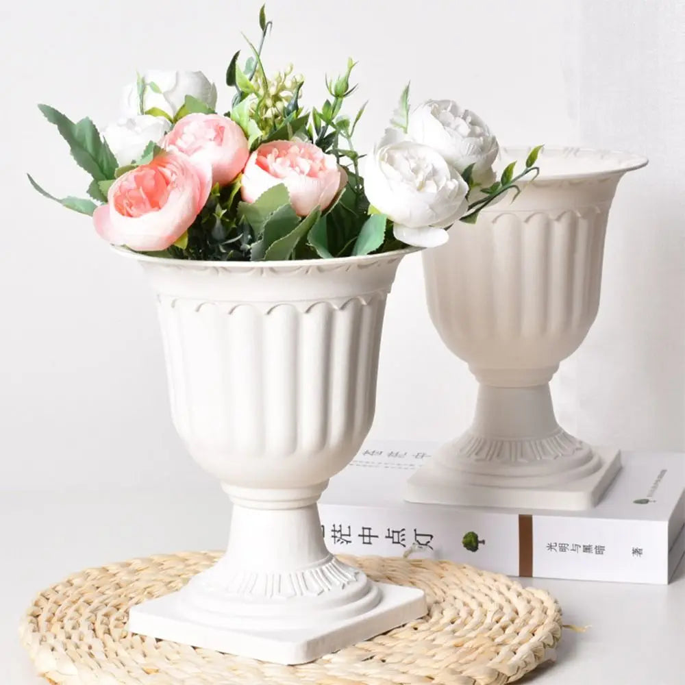 Roman Pedestal Flower Vase Planter – White Plastic Set of 2