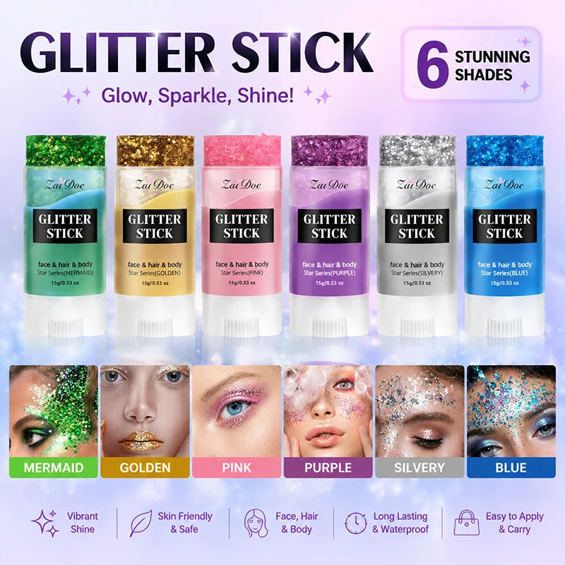 ZaiDoc 12pc Glitter Sticks – 6 Colors Face Hair Body Shimmer