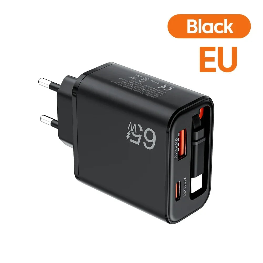 65W USB-C Wall Charger QC 3.0 PD + Retractable Cable