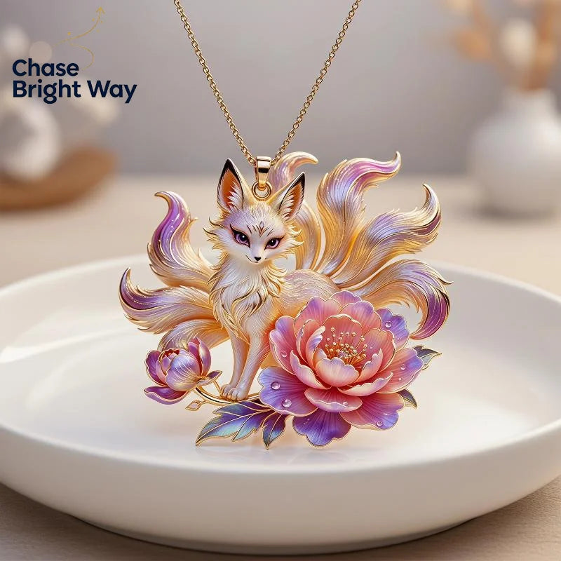 Nine-Tailed Fox Enamel Pendant Necklace | Chinese Mythology