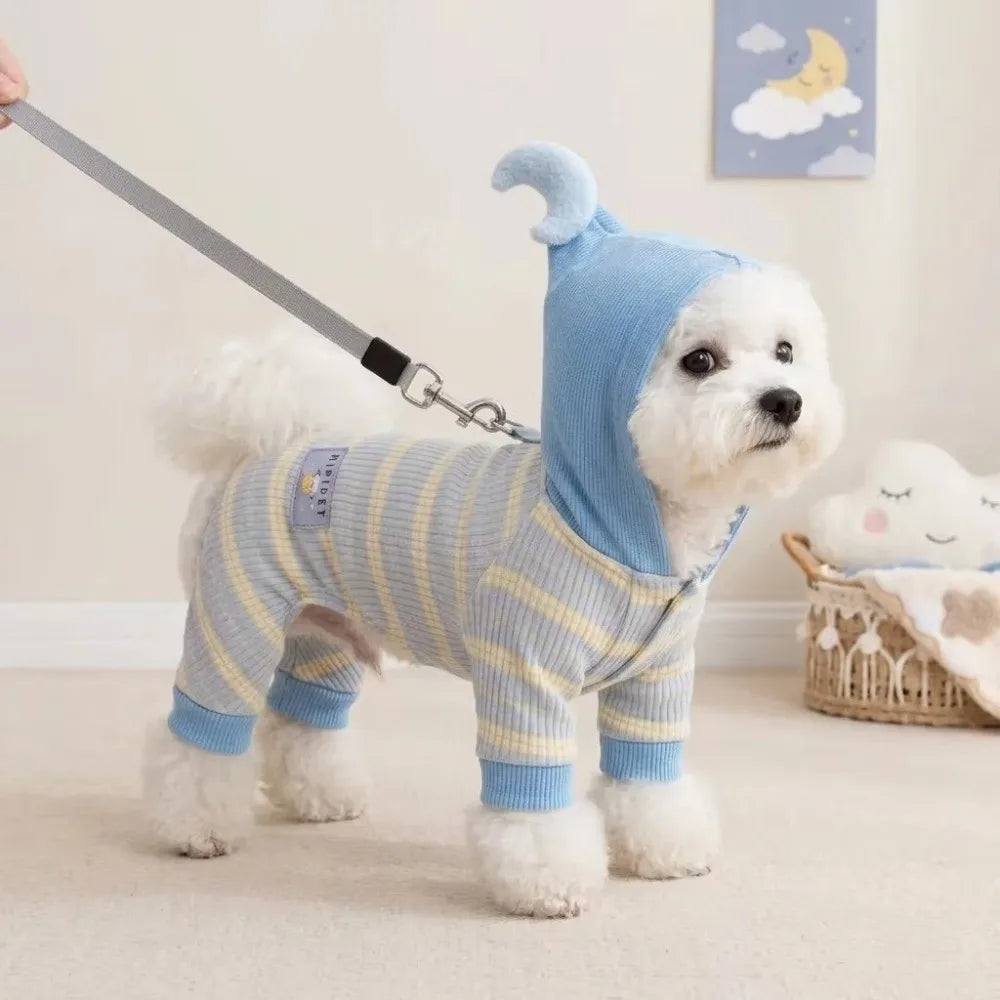 Striped Dog Winter Jumpsuit – Hooded & Built-In Harness D-Ring