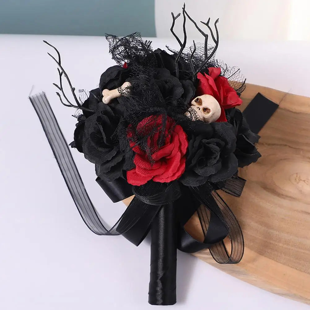 Gothic Black Burgundy Bridal Bouquet – Silk Rose Wedding Flowers