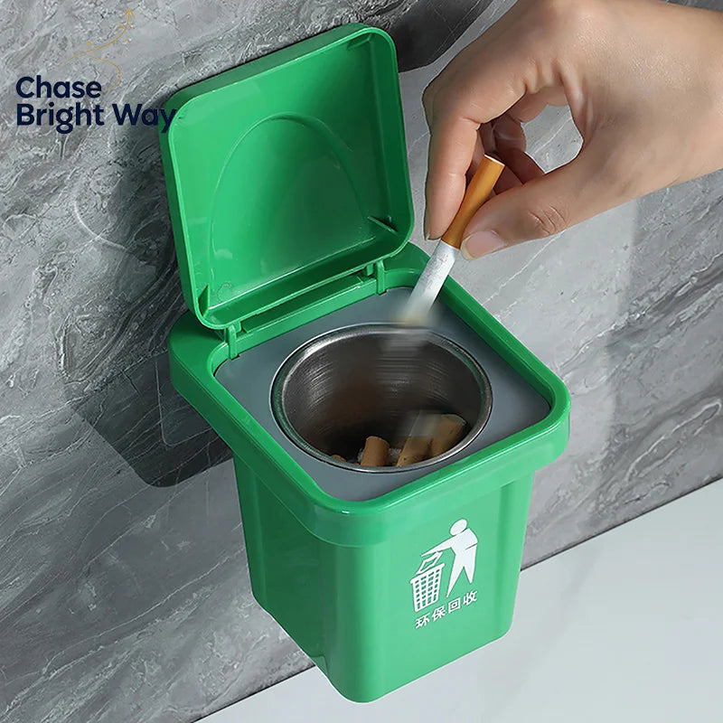 Wall-Mount Stainless Steel Ashtray with Lid | Anti-Fly Ash
