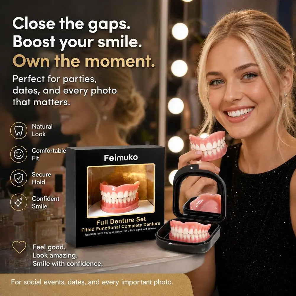 Silicone Instant Dentures Set with Mirror Case | Natural Look