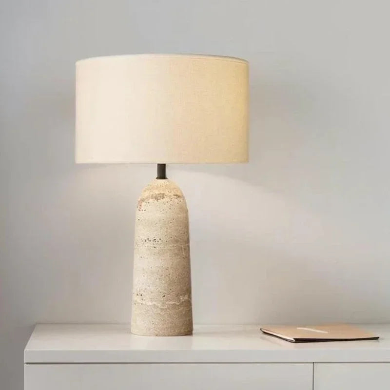 Wabi-Sabi Travertine Base LED Table Lamp | White Fabric Shade