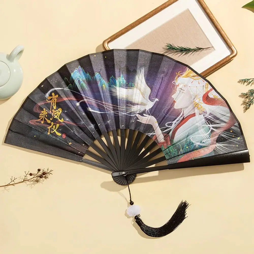 Silk & Bamboo Vintage Folding Hand Fan – Colorful Tassel