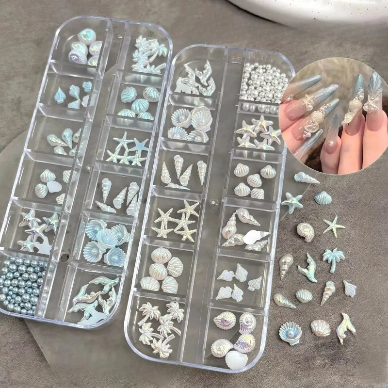 12-Grid Ocean Nail Charms – Starfish Shell Rhinestone Set