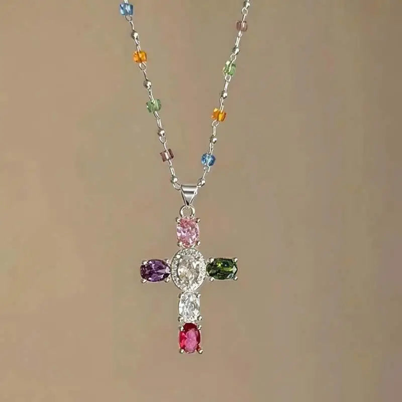 Y2K Colorful Zirconia Cross Pendant Necklace | Crystal Choker