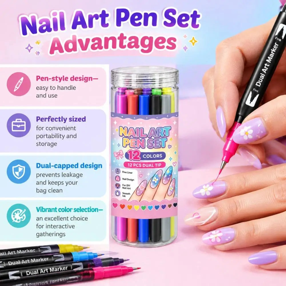 12/24 Color Dual-Tip Nail Art Pen Set – Quick-Dry Acrylic Markers