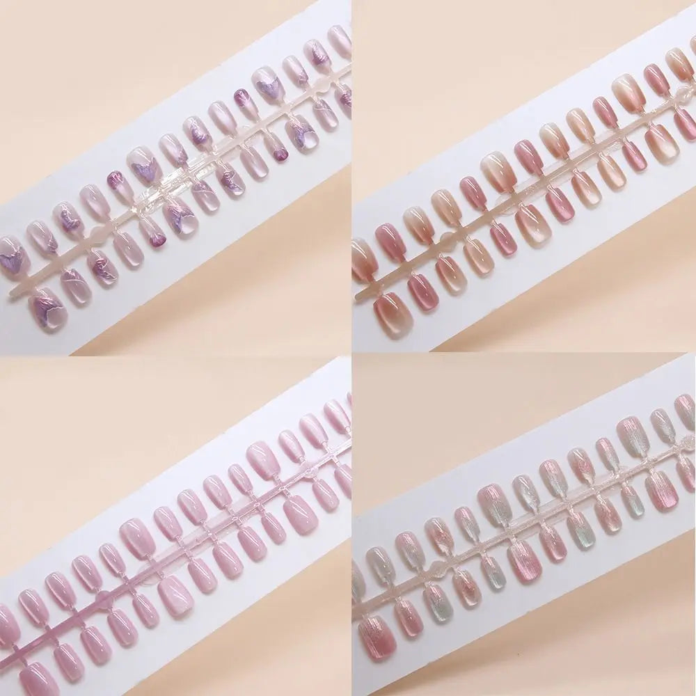 Long Square Press On Nails – French Cat Eye Tips 24pc Set