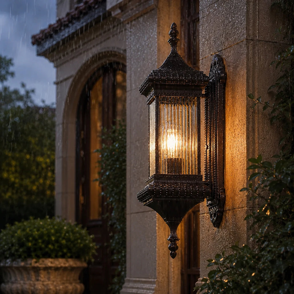 Vintage Lantern Outdoor Wall Light – Black Ribbed Glass Sconce E27