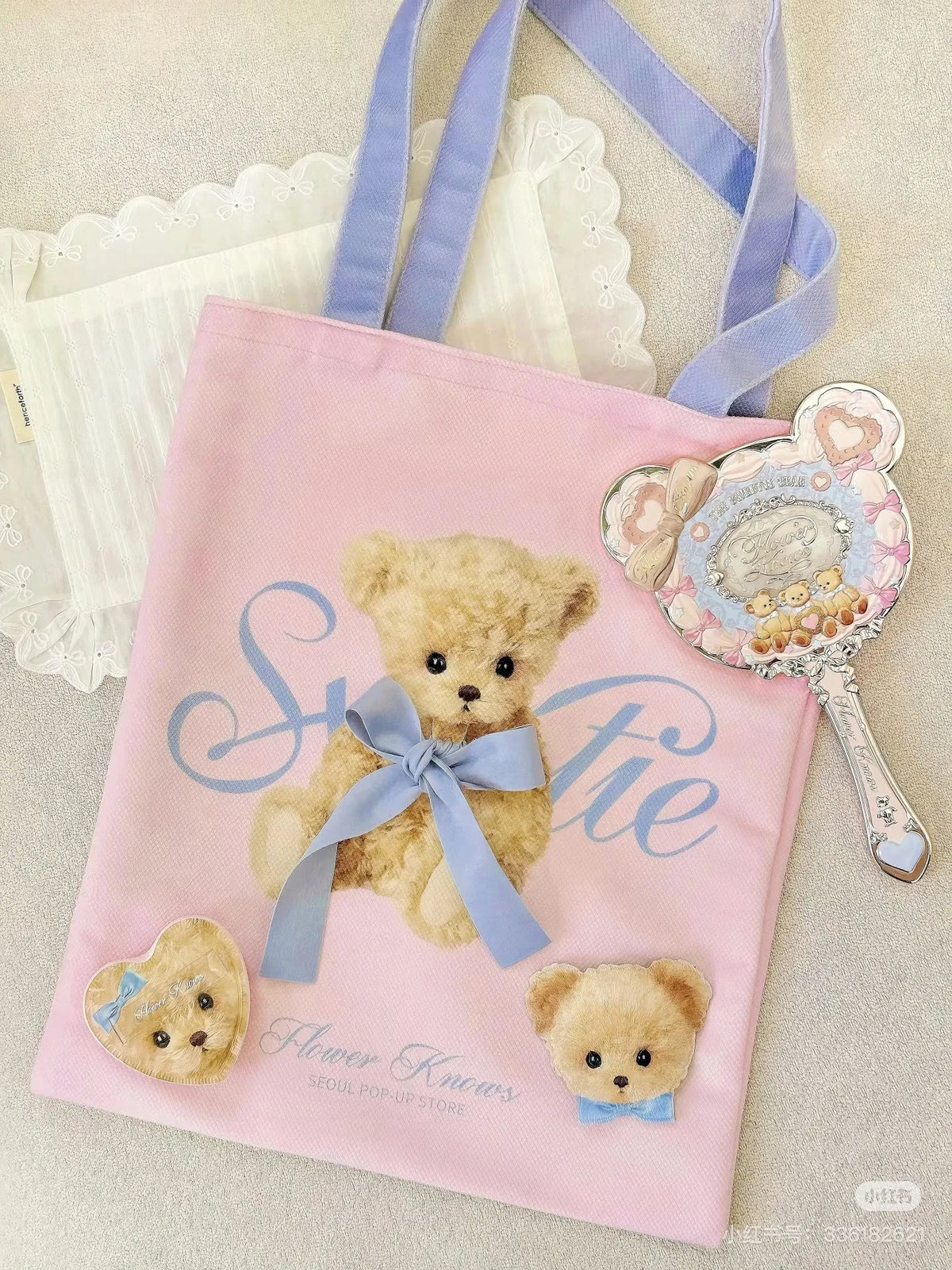 Flower Knows Pastel Hand Mirror Set – Powder Puff & Tote Bag