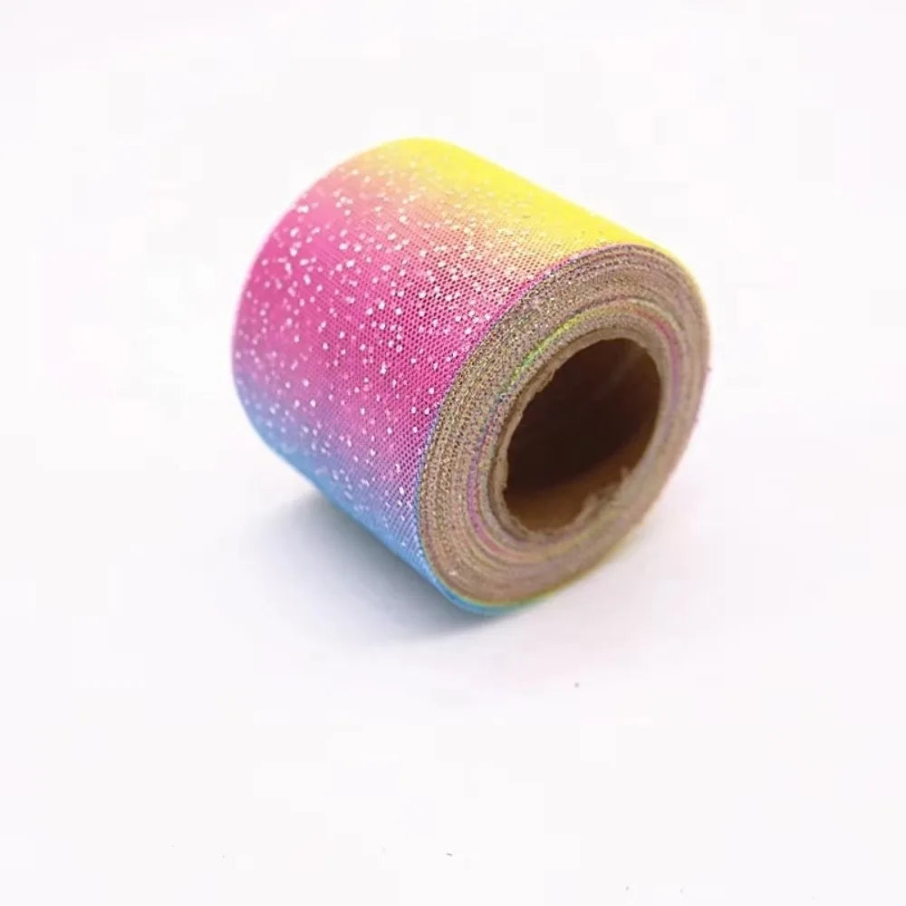 25 Yards Rainbow Tulle Mesh Ribbon – Silver Glitter Dot 6cm