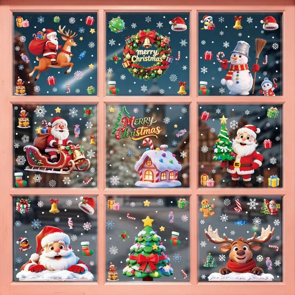 Christmas Window Cling Stickers – Santa Snowman Snowflake 9Pc