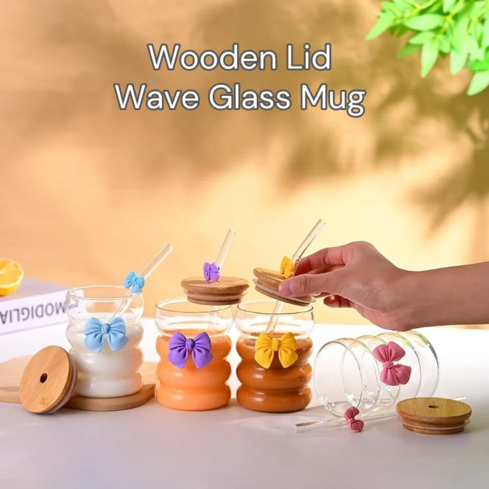 Wave Glass Cup with Wooden Lid, Bowtie Decor & Straw – 350ml