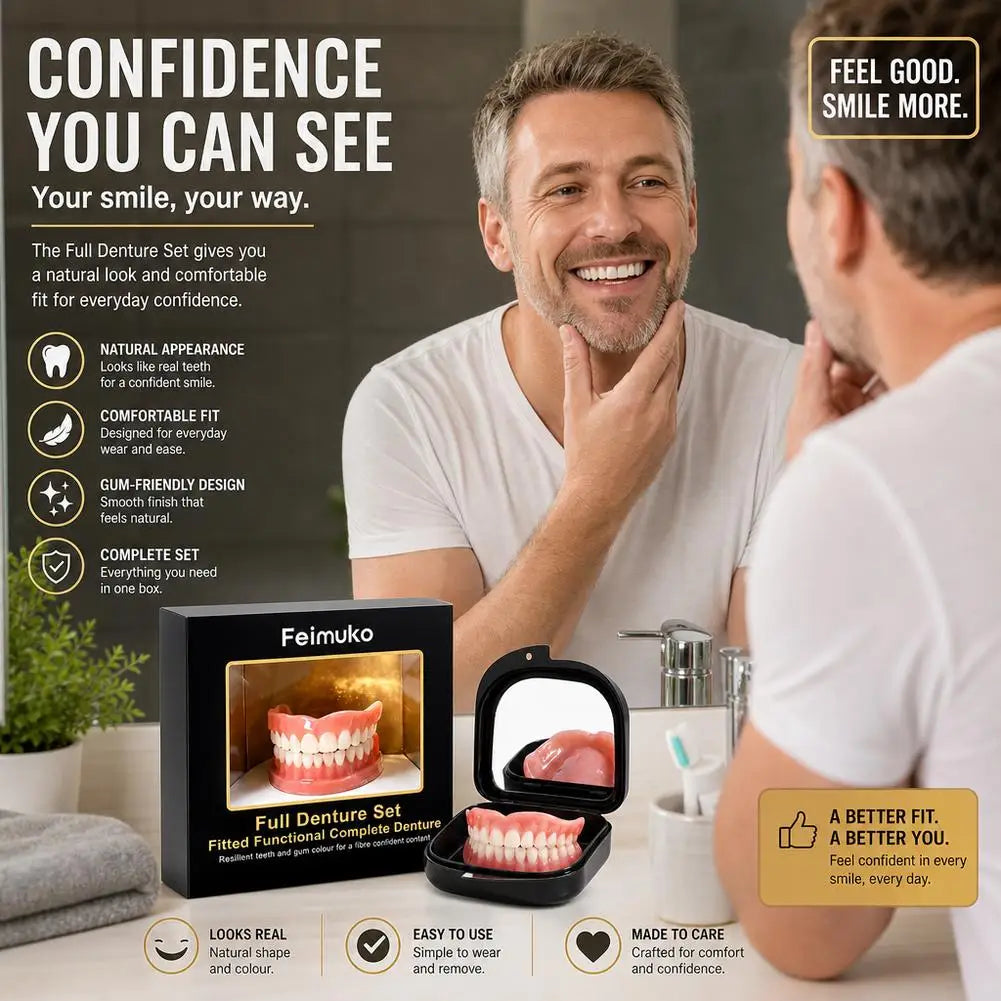 Silicone Instant Dentures Set with Mirror Case | Natural Look