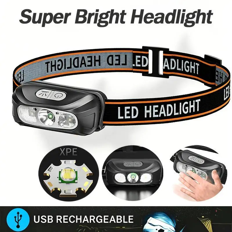 USB Rechargeable LED Headlamp – Motion Sensor, 4 Modes
