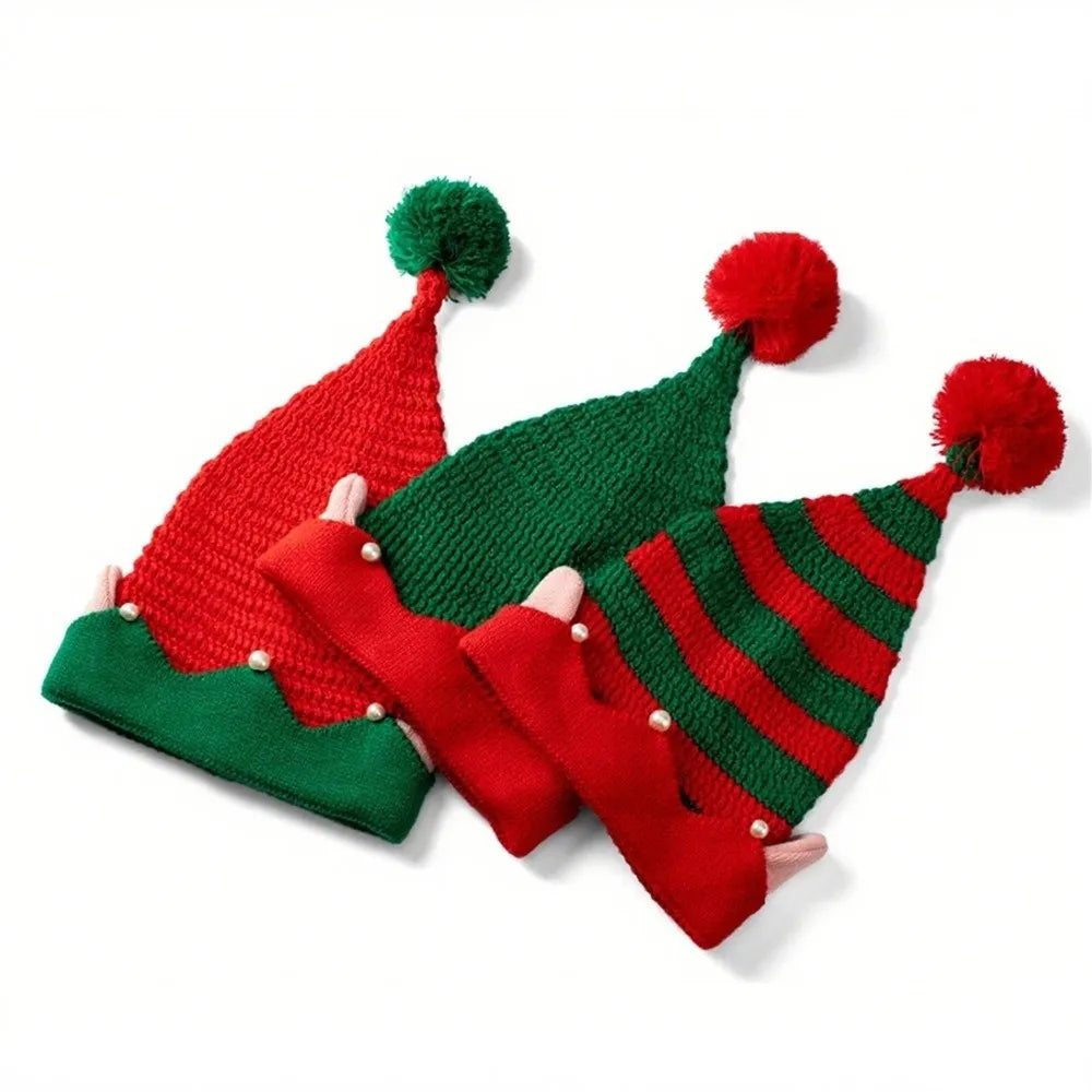 Knitted Christmas Elf Hat – Striped Jacquard Cap with Pom-Pom