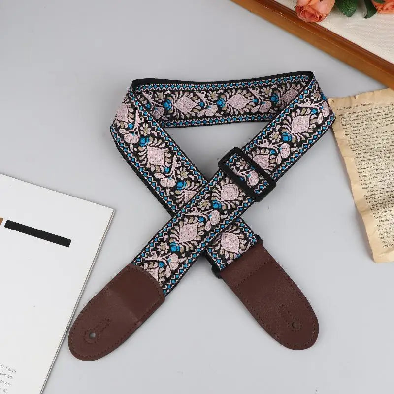 Embroidered Guitar Strap – Adjustable PU Leather & Cotton