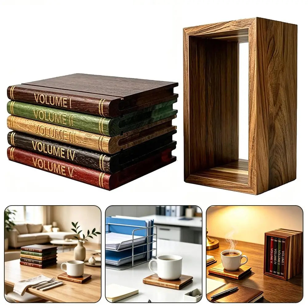 Wooden Book Coaster Set – 5 Acacia Drink Mats with Holder