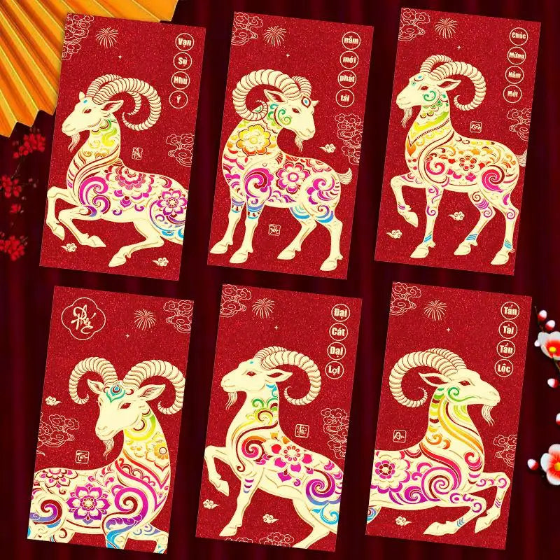 6-Pack 2027 Year of Goat Vietnamese Lucky Red Envelopes Lì Xì