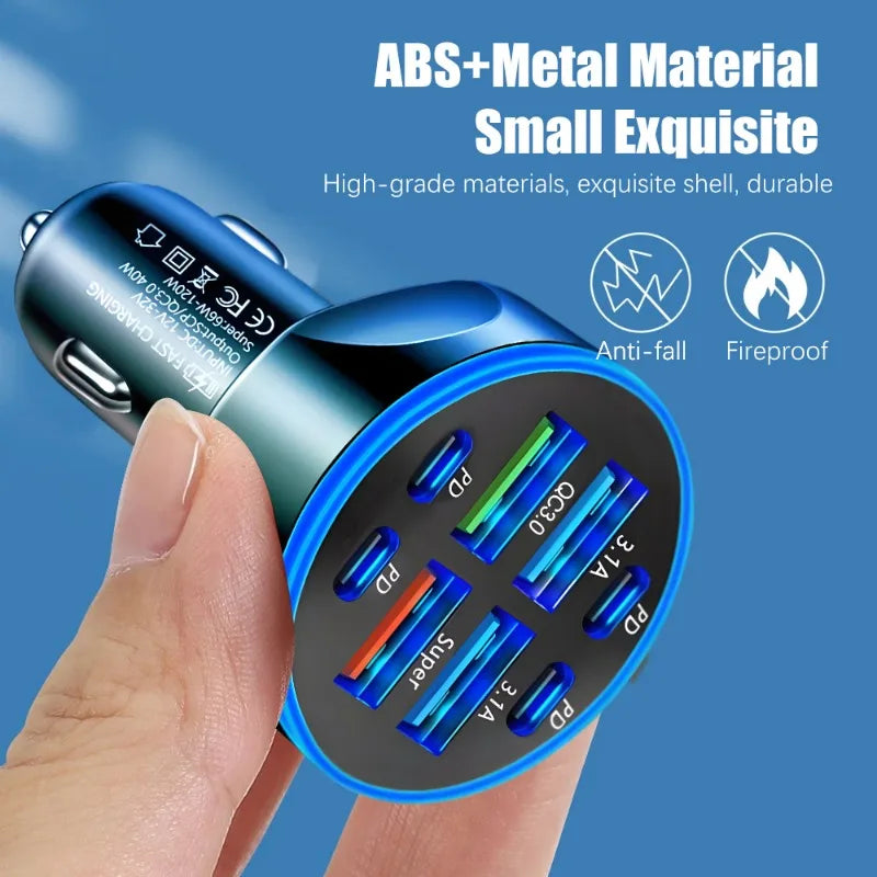 8-in-1 66W Car Charger 4USB+4PD Fast Charging Digital Display