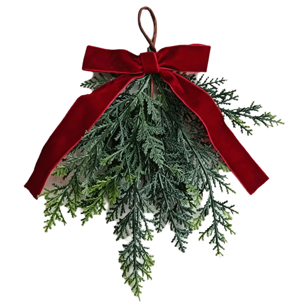 Red Velvet Bow Artificial Pine Branch Christmas Swag Ornament