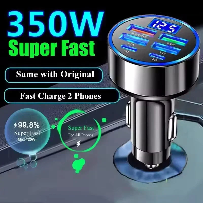 6-Port USB Car Fast Charger 120W PD QC3.0 Type-C Adapter