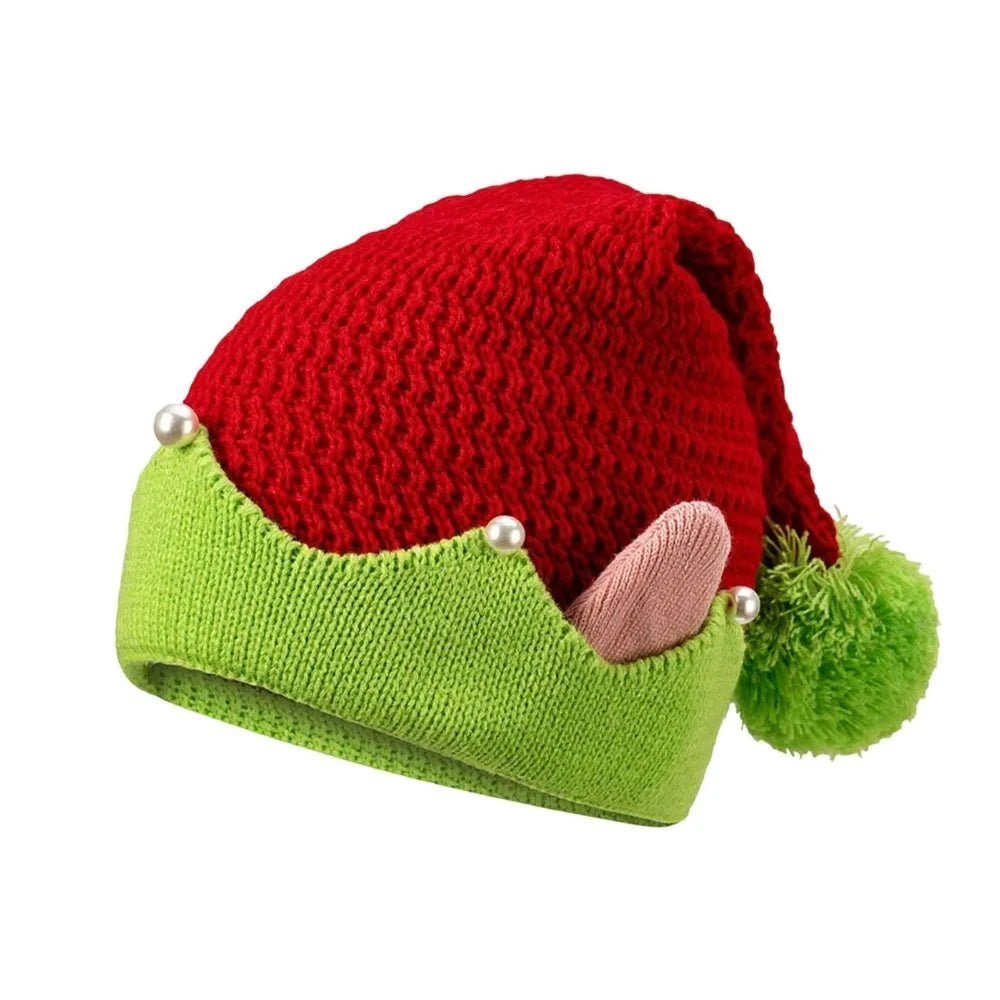 Knitted Christmas Elf Hat – Striped Jacquard Cap with Pom-Pom