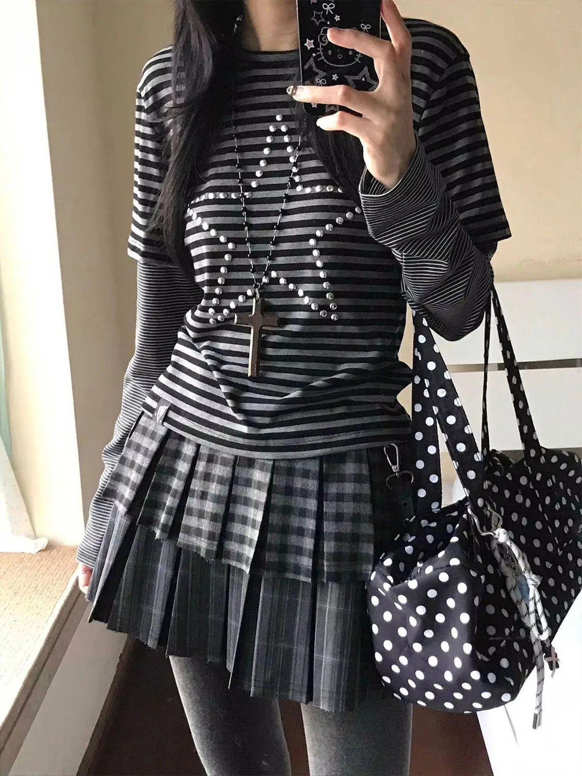 Women's Y2K Rhinestone Star Striped Long Sleeve Slim Fit Tee