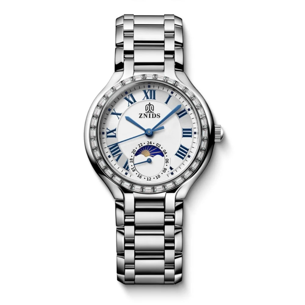 Women's Quartz Watch – Moon Phase Roman Numeral Steel Band