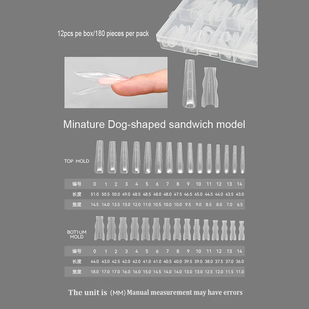 180pcs Dual Form Nail Extension Molds – 15 Sizes, Almond & Coffin