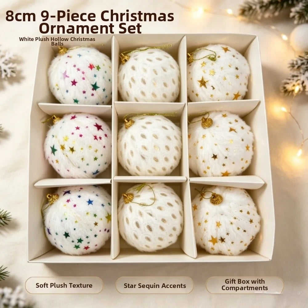 Plush Fabric Christmas Ball Ornaments – 9-Piece Gift Box Set