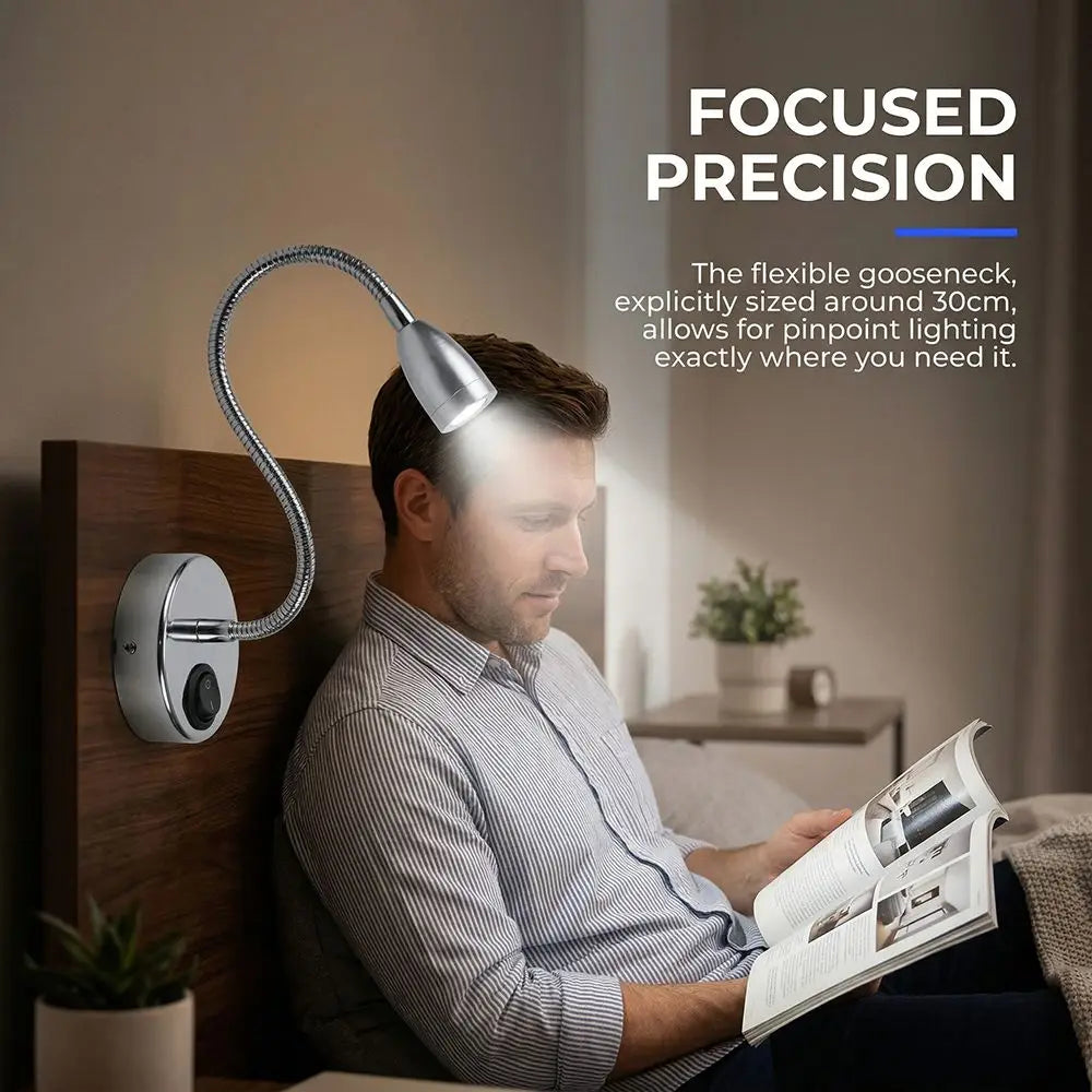 Silver Gooseneck LED Wall Lamp 3W – Flexible Reading Light