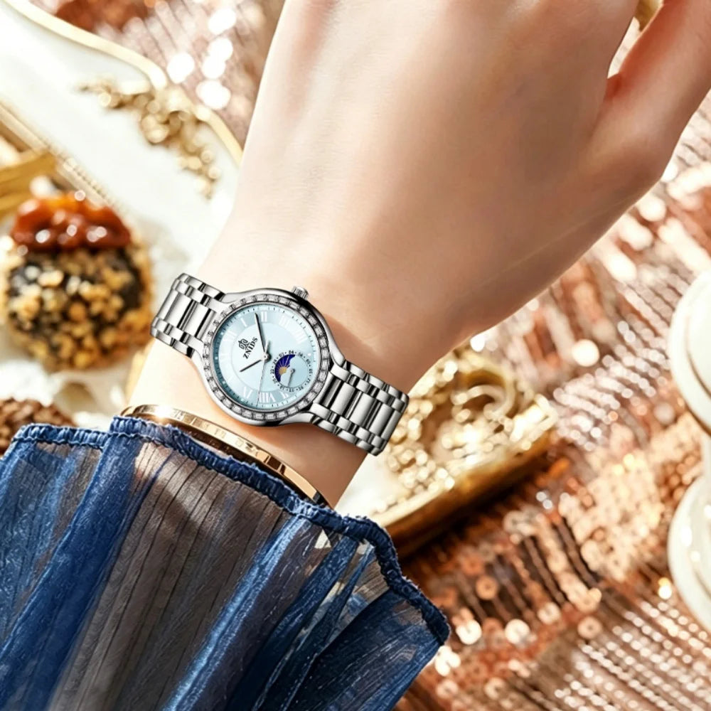 Women's Quartz Watch – Moon Phase Roman Numeral Steel Band