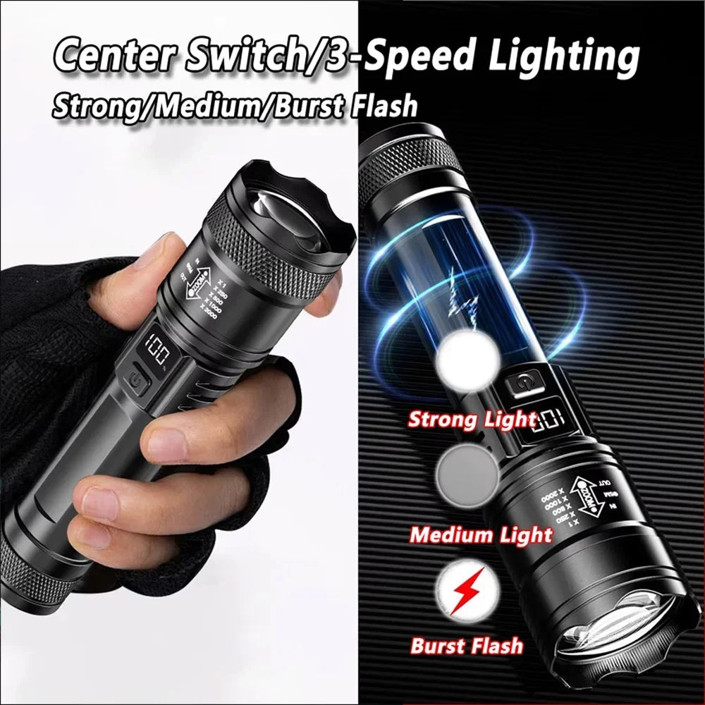 2000LM Tactical LED Flashlight | USB Rechargeable Zoom Torch