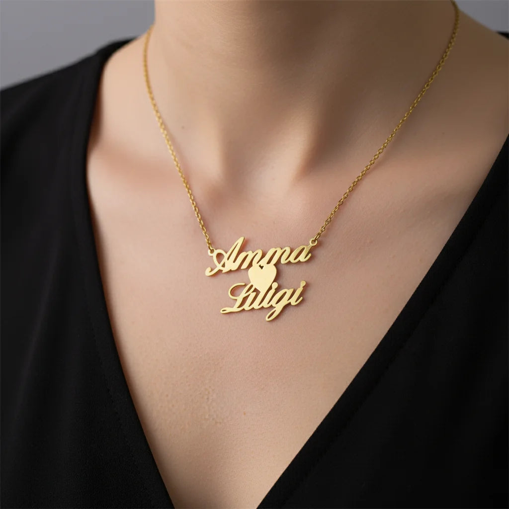Custom Double Name Pendant Necklace – 18K Gold Plated Steel